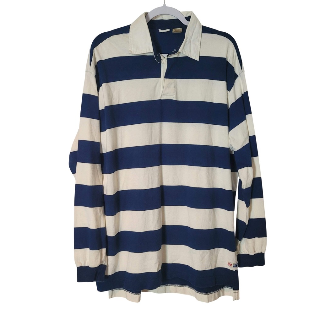 Vintage Levis Jeanswear Men Large Blue White Striped Long Sleeve Rugby Shirt Y2K